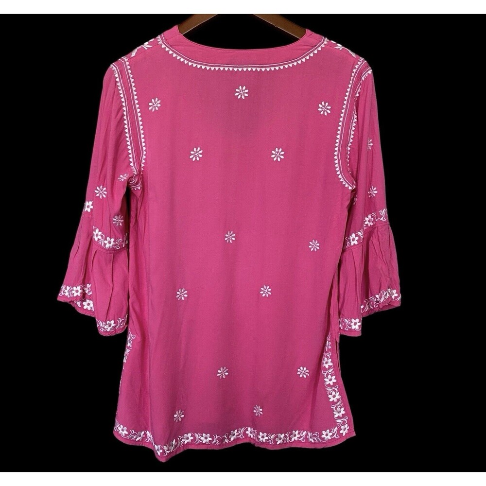 Escapada Womens Embroidered Tunic Top Bell Sleeve Pink White Sz S Boho Fairy - Picture 2 of 9